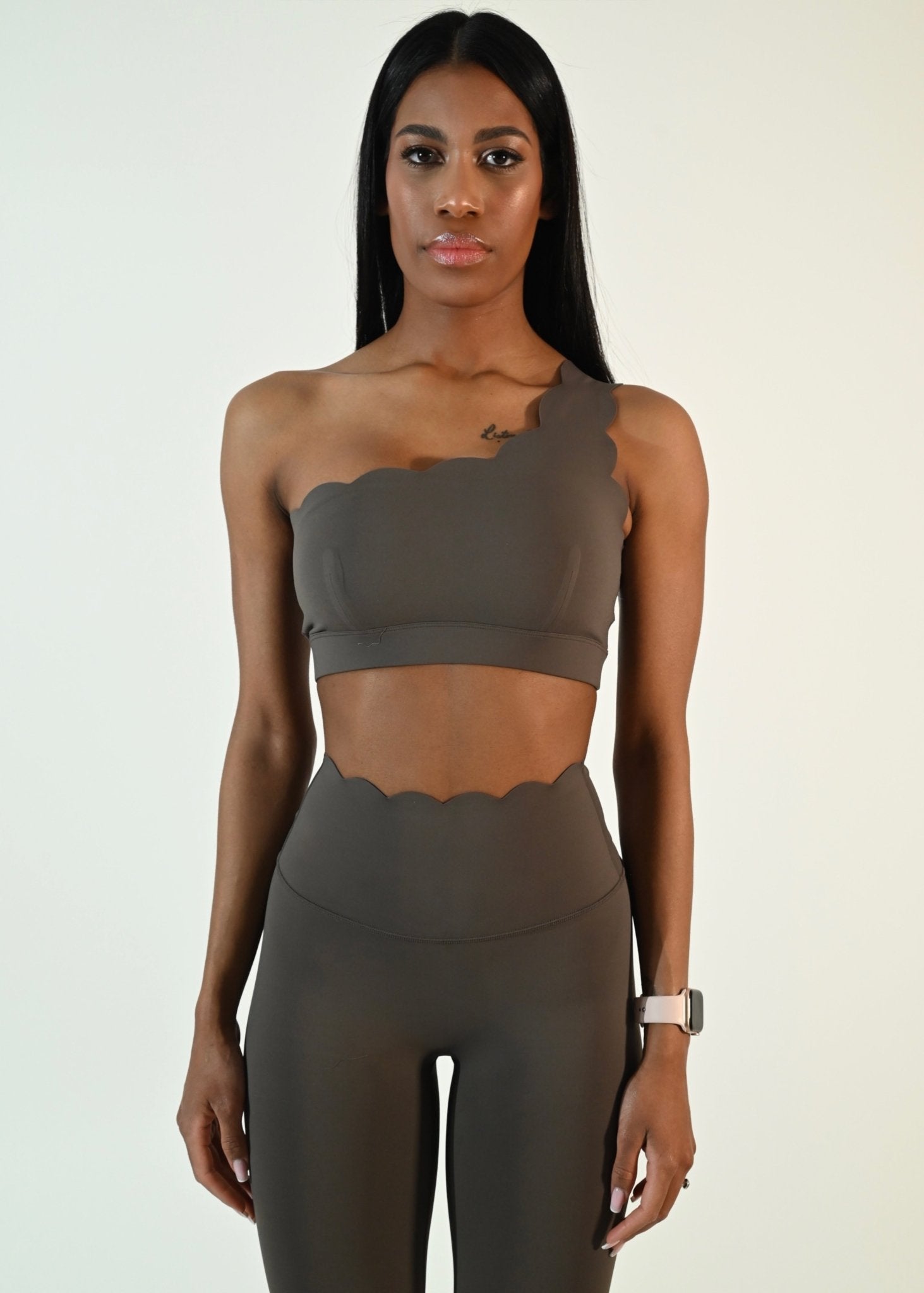 Stylish One Shoulder Pearl Bra - Fossil - Ellie Gymwear