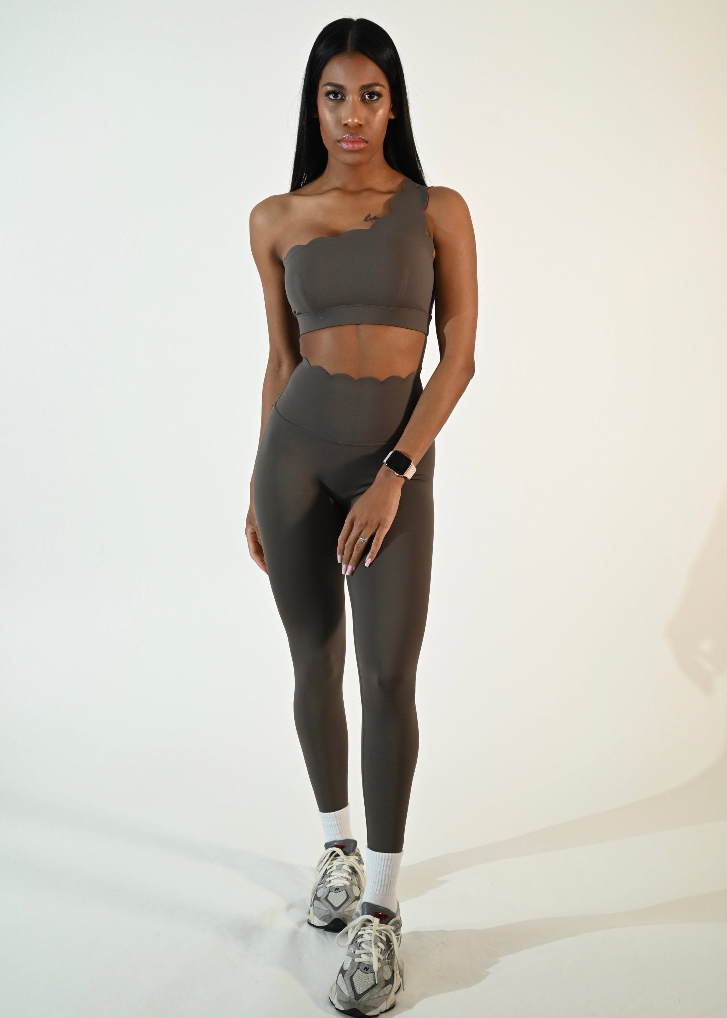 Stylish One Shoulder Pearl Bra - Fossil - Ellie Gymwear